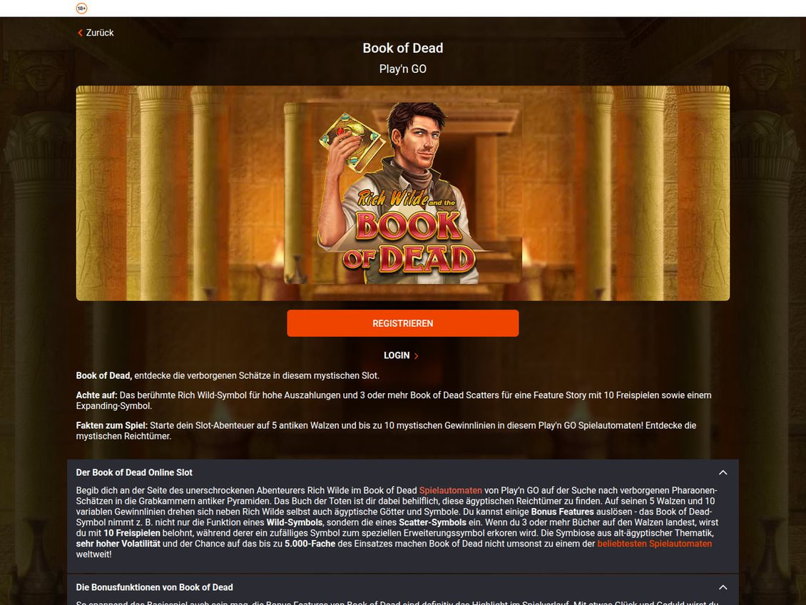 Spielseite von Book of Dead bei LeoVegas mit den Knöpfen Registrieren und Login und einer Spielbeschreibung, ohne Auszahlungsquote und ohne Probespiel
