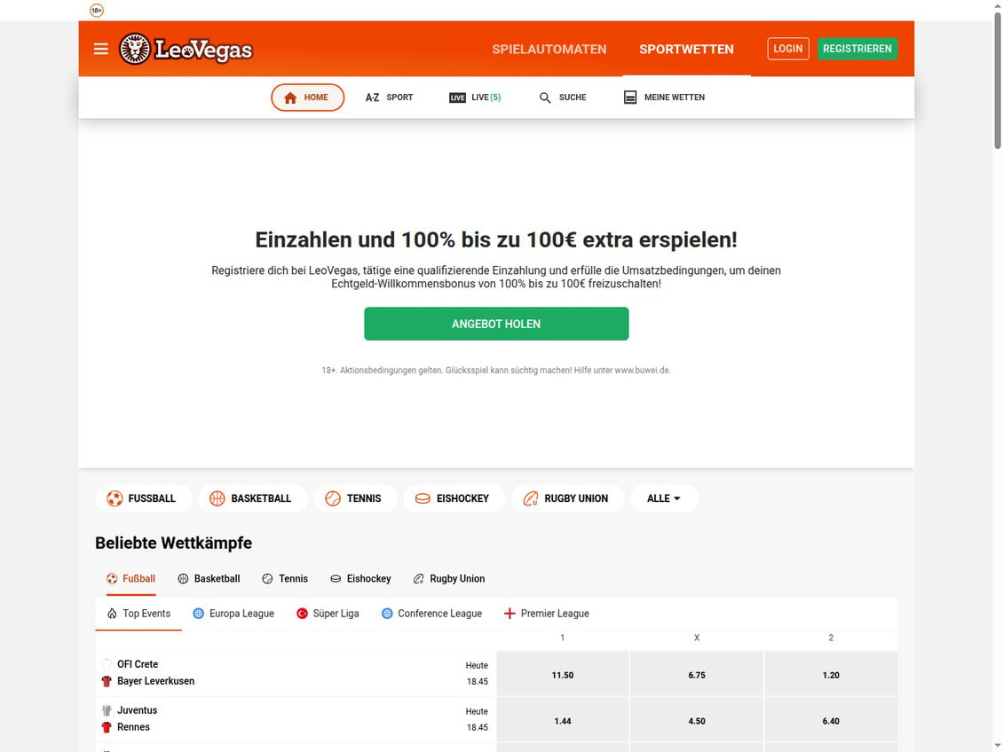 Sportwetten-Bereich von LeoVegas mit den Reitern Home, Sport, Live und Meine Wetten, dem Banner zum Sport-Willkommensangebot und den Top-Events der Europa League