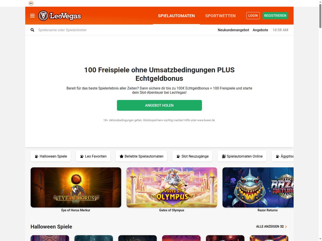 Startseite von LeoVegas mit der Überschrift 100 Freispiele ohne Umsatzbedingungen PLUS Echtgeldbonus, dem Knopf Angebot holen und Reitern wie Halloween Spiele und Leo Favoriten