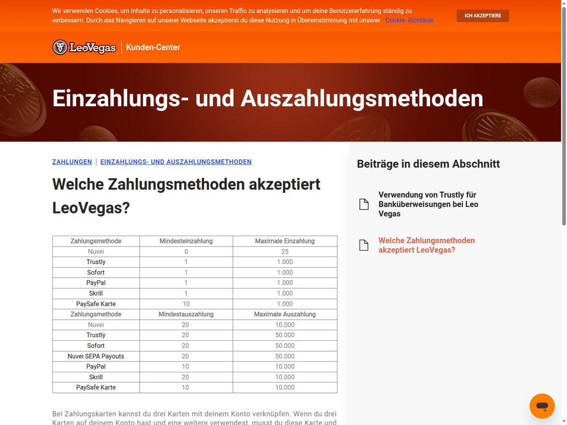 Hilfeartikel von LeoVegas mit zwei Tabellen zu Mindest- und Höchstbeträgen für Ein- und Auszahlungen je Zahlungsmethode, darunter Nuvei, Trustly, Sofort, PayPal, Skrill und PaySafe Karte