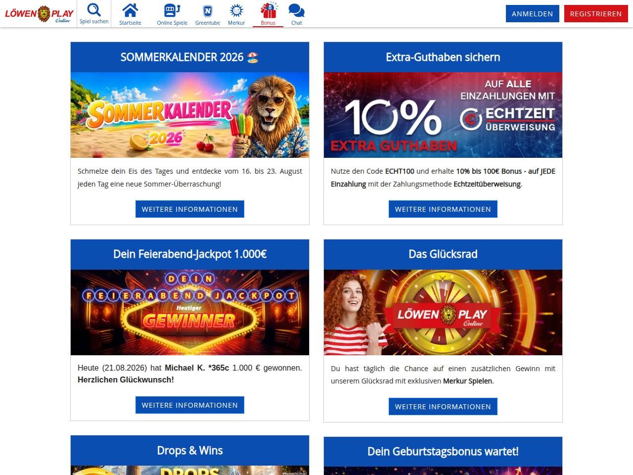 Bonusseite von Löwen Play mit Sommerkalender 2026, Feierabend-Jackpot über 1.000 Euro, Glücksrad und Drops and Wins