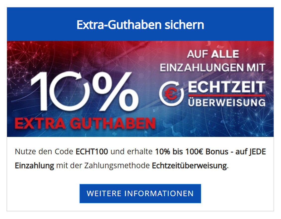 Aktion Extra-Guthaben sichern bei Löwen Play: 10 Prozent Bonus bis 100 Euro auf jede Einzahlung per Echtzeitüberweisung mit dem Code ECHT100
