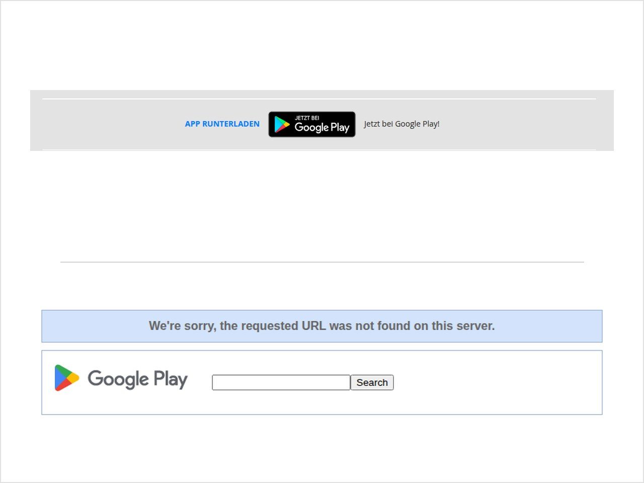 Oben der Download-Button Jetzt bei Google Play auf lp-fun.de, unten die verlinkte Play-Store-Seite mit der Meldung, dass die URL nicht gefunden wurde