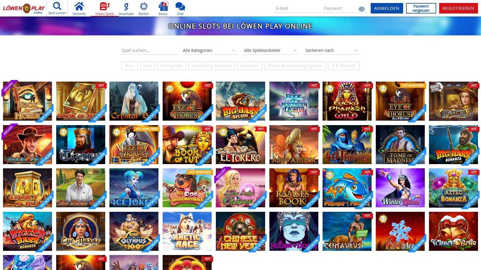 Slot-Übersicht bei Löwen Play mit RTP-Angabe auf jeder Kachel