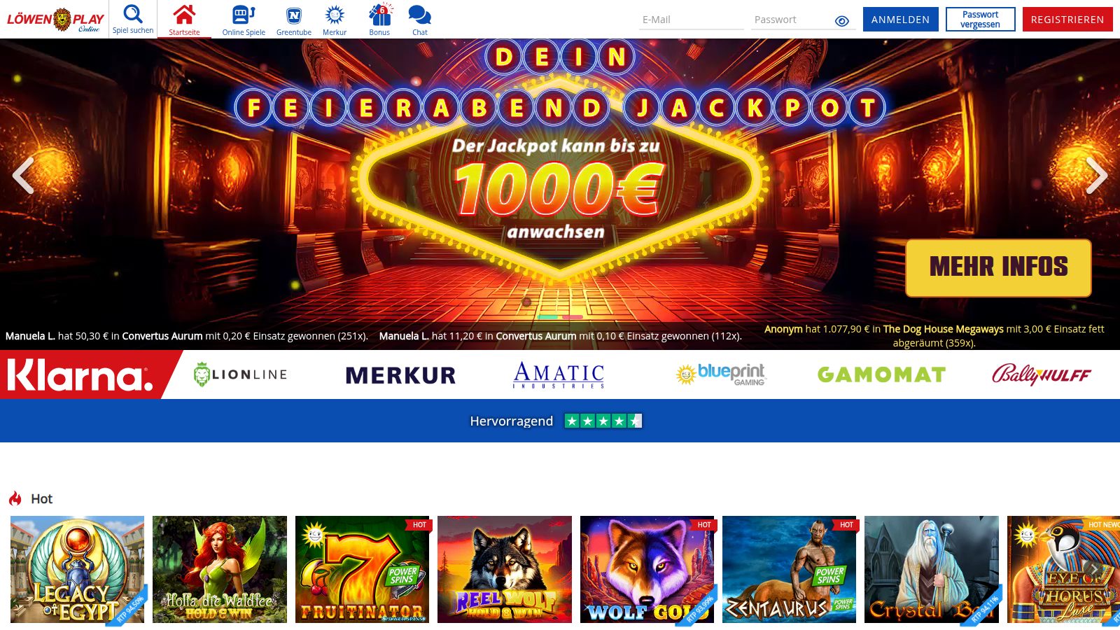 Löwen Play Startseite mit Feierabend-Jackpot, Provider-Leiste und Trustpilot-Bewertung