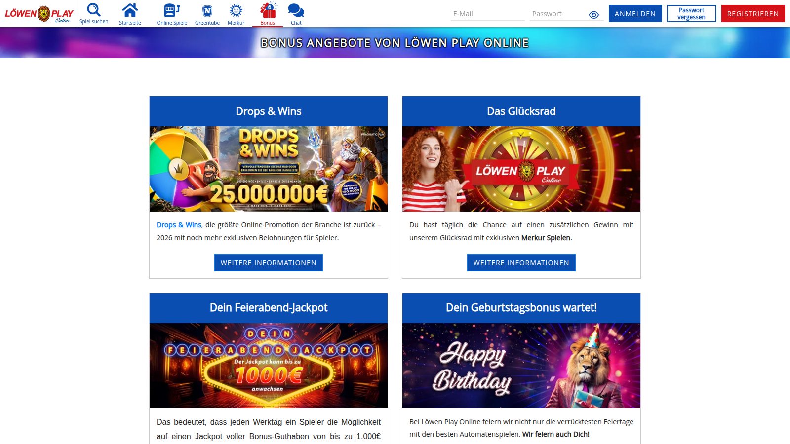 Bonusseite von Löwen Play mit Drops & Wins, Glücksrad, Feierabend-Jackpot und Geburtstagsbonus