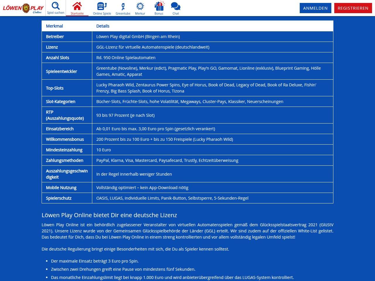 Übersichtstabelle auf der Startseite von Löwen Play mit den Angaben 200 Prozent Willkommensbonus, RTP 93 bis 97 Prozent und Auszahlung in der Regel innerhalb weniger Stunden