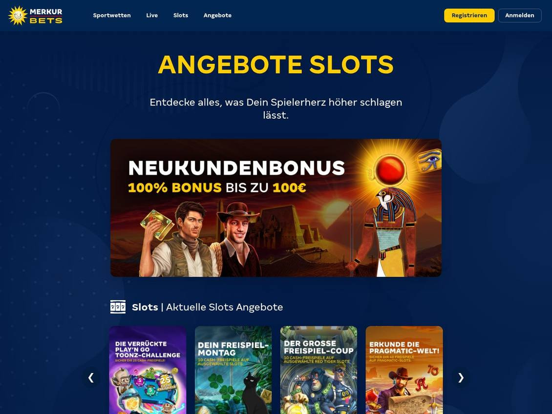 Angebote-Seite für die Slots von MERKUR mit dem Neukundenbanner und dem Karussell laufender Aktionen