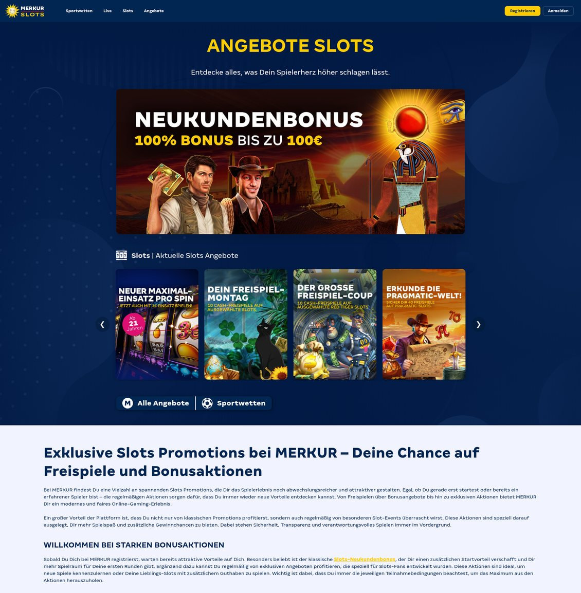 Angebote-Seite von Merkur Slots mit dem Karussell der laufenden Aktionen
