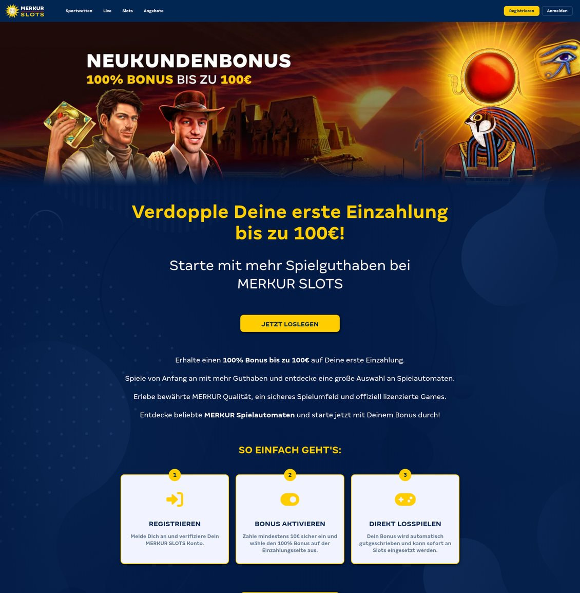 Startseite von Merkur Slots mit 100 Prozent Bonus bis 100 Euro und den drei Schritten zur Aktivierung