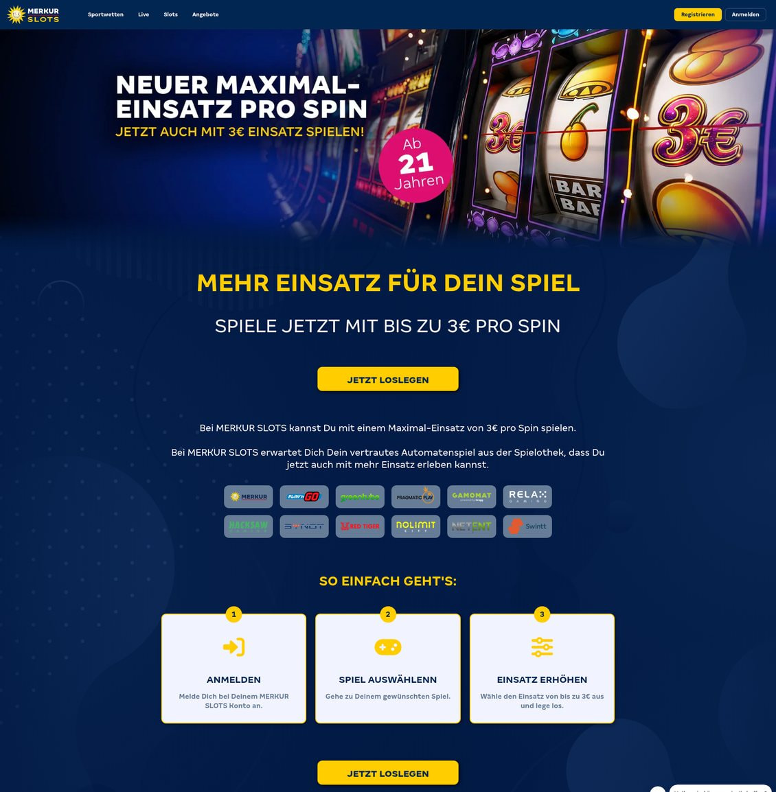Aktionsseite zum Höchsteinsatz von 3 Euro pro Spin ab 21 Jahren mit zwölf Herstellerlogos