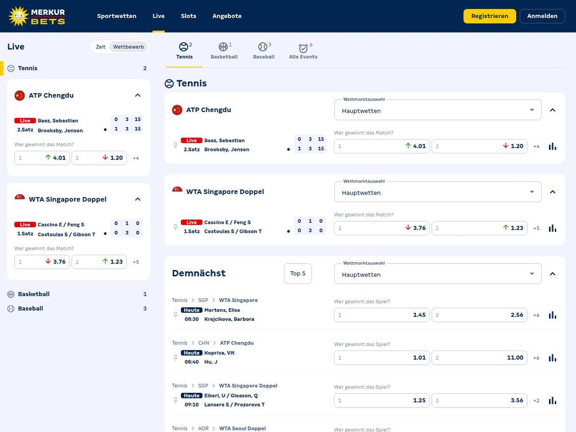 Live-Ansicht von MERKUR BETS mit zwei Tennispartien, einem Basketballspiel und drei Baseballspielen samt laufenden Ständen und Quoten