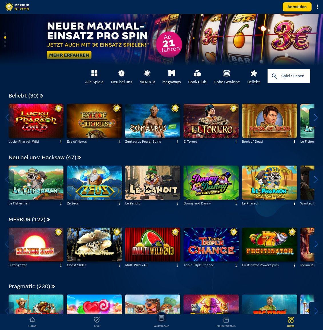 Spiellobby von Merkur Slots ohne Anmeldung mit Kategorieleiste und den Reihen Beliebt, Hacksaw, MERKUR und Pragmatic