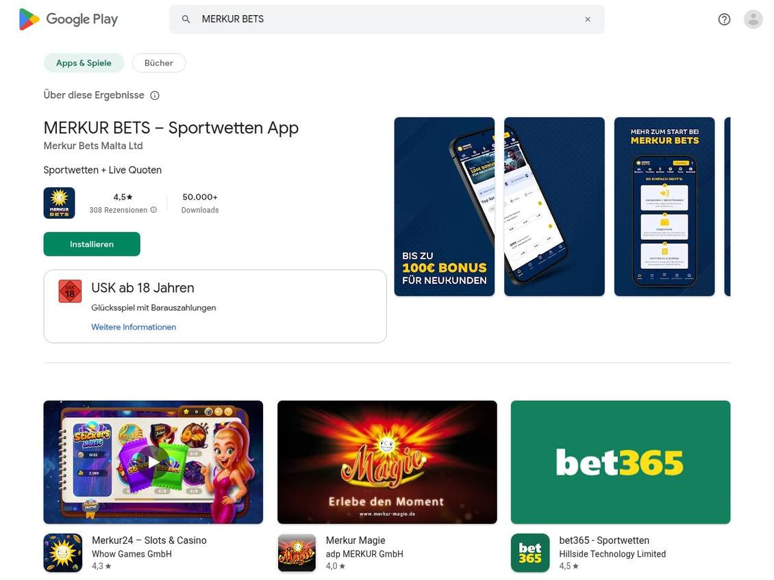 Eintrag der MERKUR BETS Sportwetten App im deutschen Google Play Store mit Bewertung und Altersfreigabe