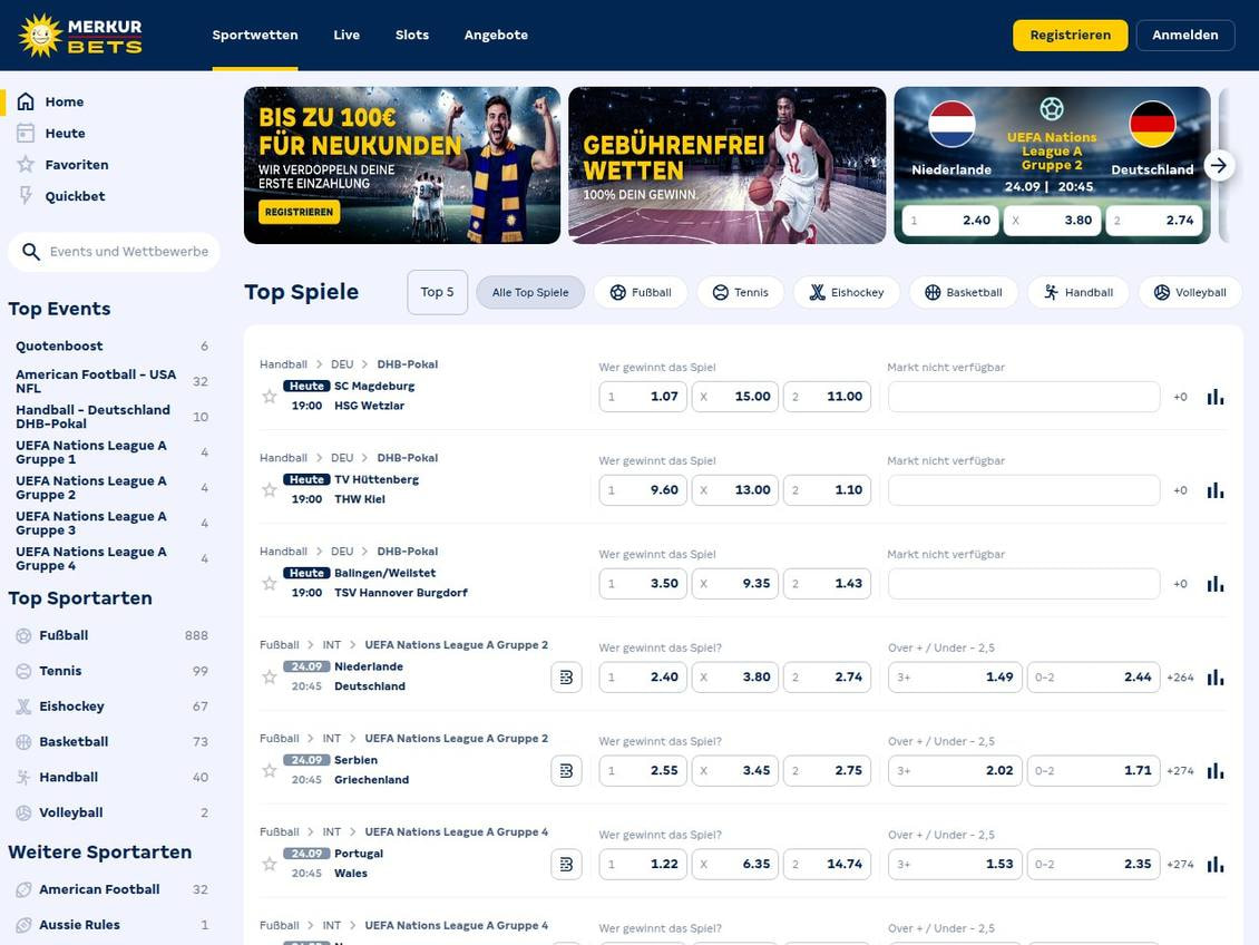 Wett-Startseite von MERKUR BETS mit Aktionsbannern, der Liste der Top-Sportarten samt Zählern und den Top-Spielen des Tages