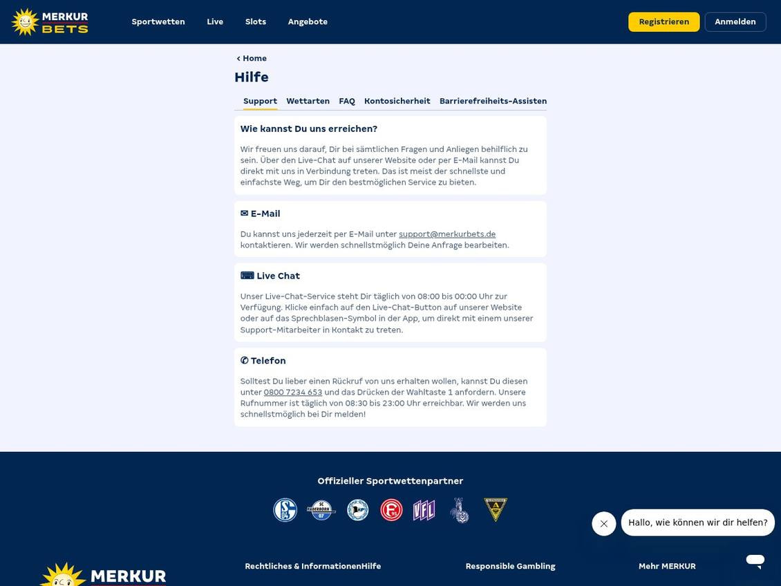 Support-Seite von MERKUR BETS mit E-Mail, Live-Chat von 08:00 bis 00:00 Uhr und Rückruf von 08:30 bis 23:00 Uhr