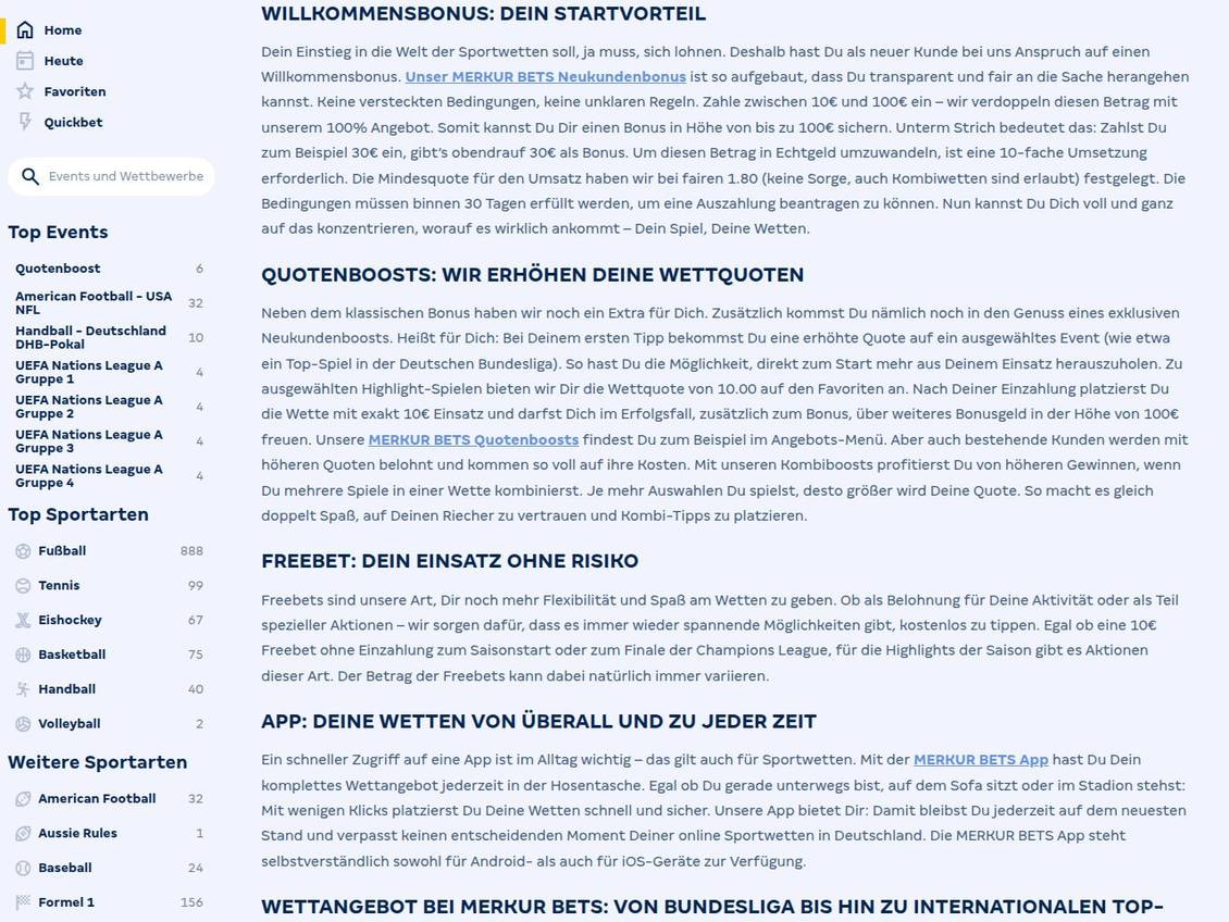 Bonustext im Wettbereich von MERKUR BETS mit der zehnfachen Umsetzung, der Mindestquote 1.80 und der Frist von 30 Tagen