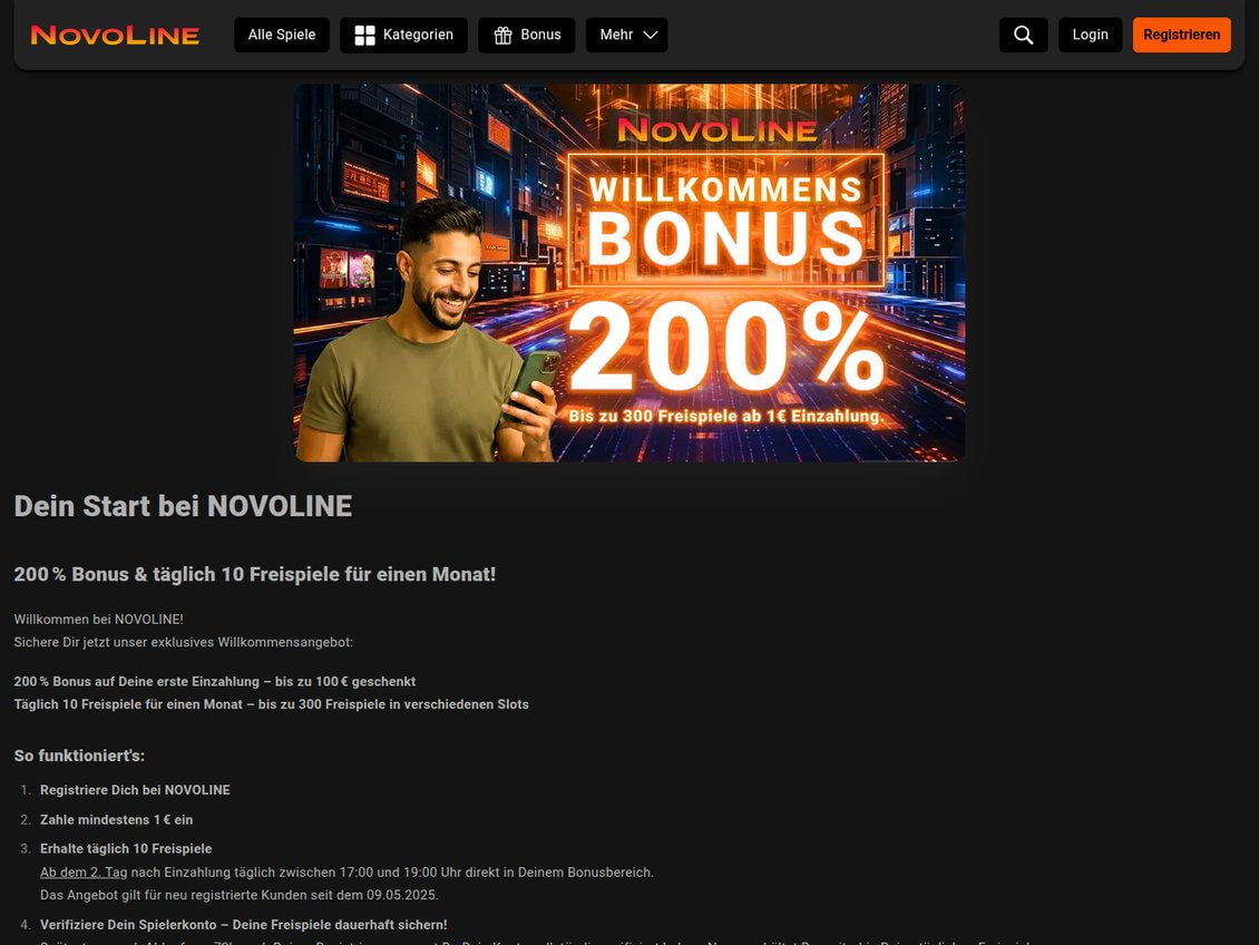 Neukundenbonus-Seite von Novoline mit 200 Prozent Bonus bis 100 Euro, täglich 10 Freispielen für einen Monat und Einzahlung ab 1 Euro