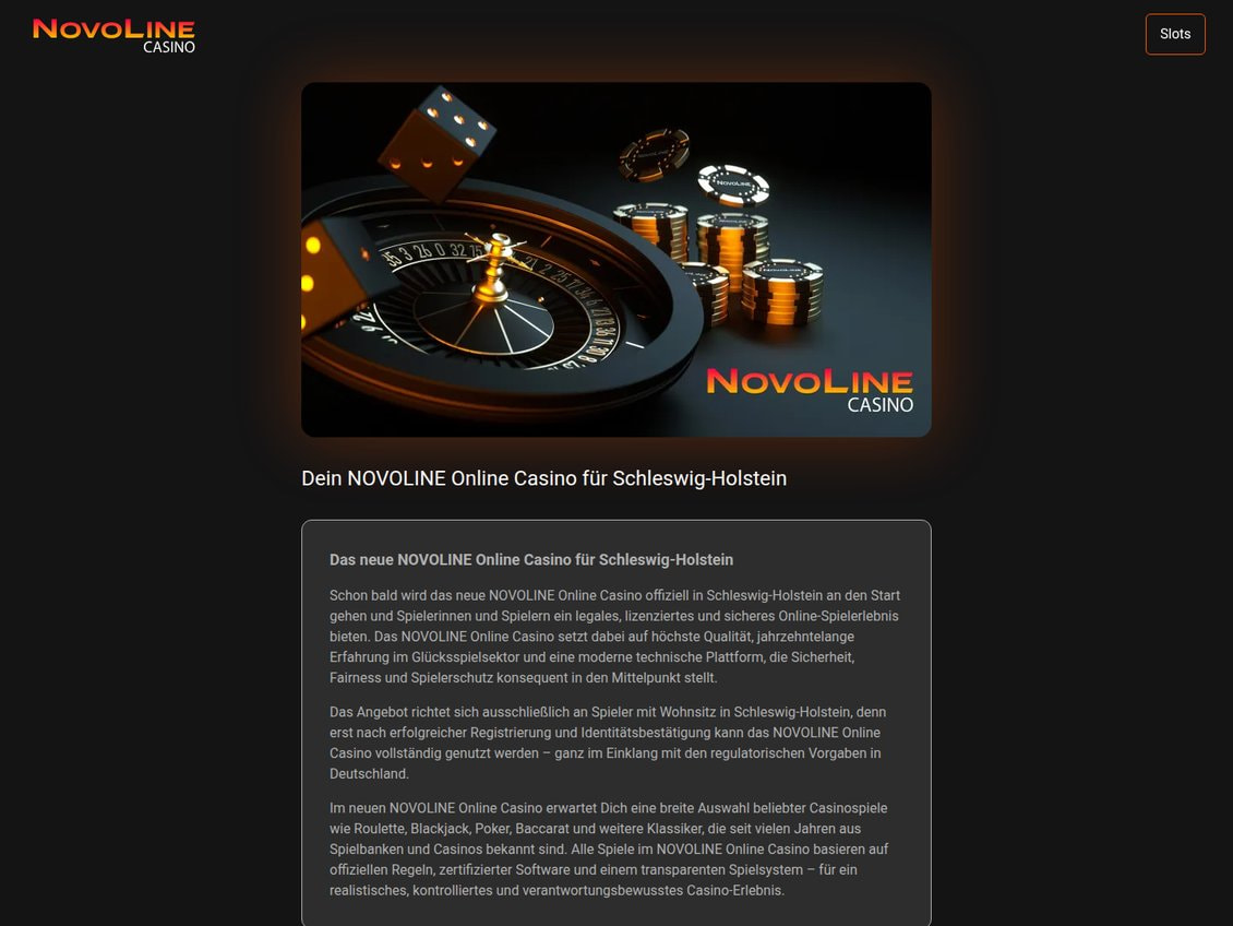 Seite casino.novoline.de mit der Überschrift Dein NOVOLINE Online Casino für Schleswig-Holstein und dem Satz Schon bald wird das neue NOVOLINE Online Casino offiziell in Schleswig-Holstein an den Start gehen
