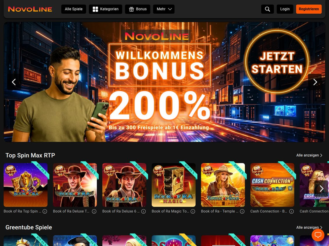 Startseite von Novoline mit dem Banner Willkommensbonus 200 Prozent und der Reihe Top Spin Max RTP mit RTP 95 Prozent