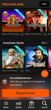 Startseite von Novoline in der mobilen Ansicht mit den Reihen Top Spin Max RTP und Greentube Spiele, dem Willkommensbonus-Banner und der Navigation am unteren Rand