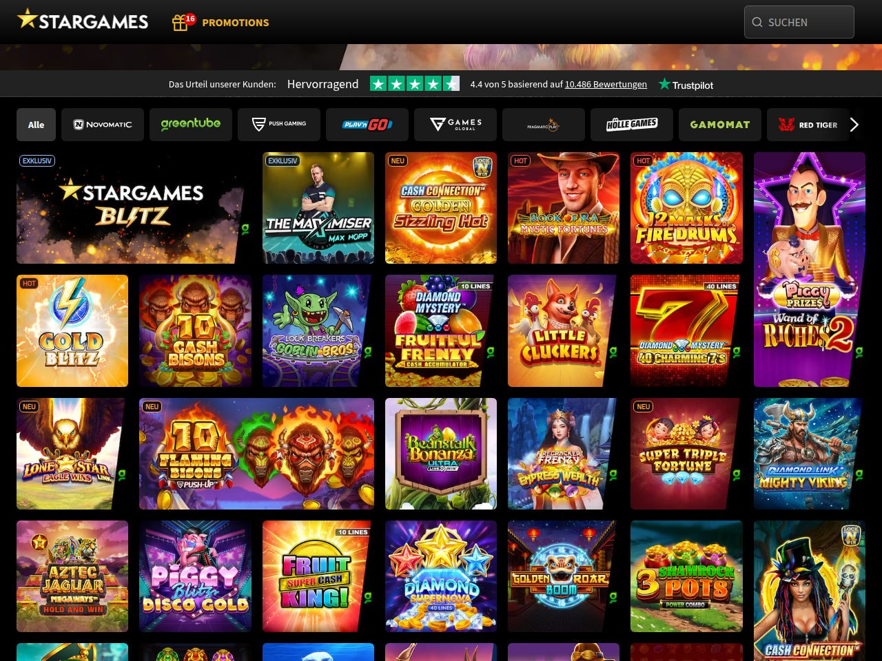 StarGames Jackpots-Kategorie mit rund 30 Feature-Jackpot-Slots, darunter der Exklusiv-Titel StarGames Blitz