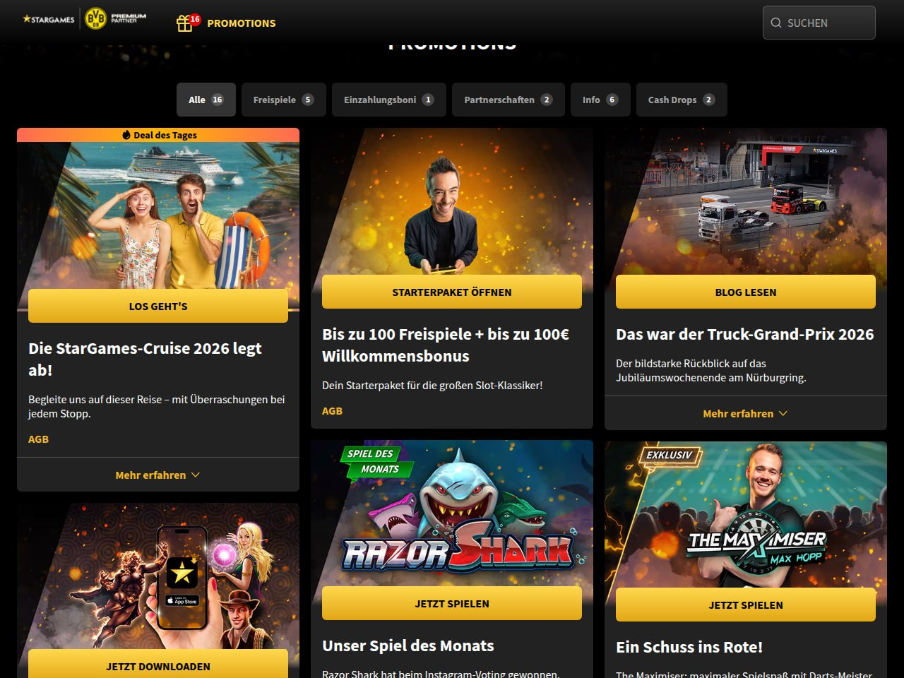 StarGames Promotions-Seite mit Filterleiste: 16 Aktionen, davon 5 Freispiel-Angebote und 2 Cash Drops