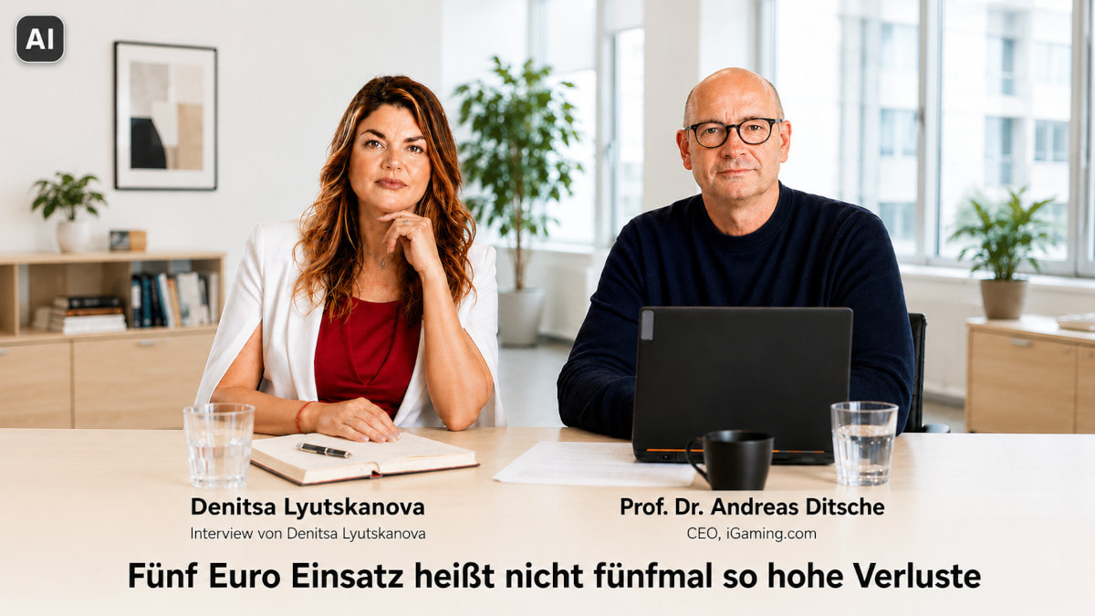 Titelbild zum Interview „Fünf Euro Einsatz heißt nicht fünfmal so hohe Verluste“ mit Prof. Dr. Andreas Ditsche, CEO von iGaming.com, im Gespräch mit Denitsa Lyutskanova