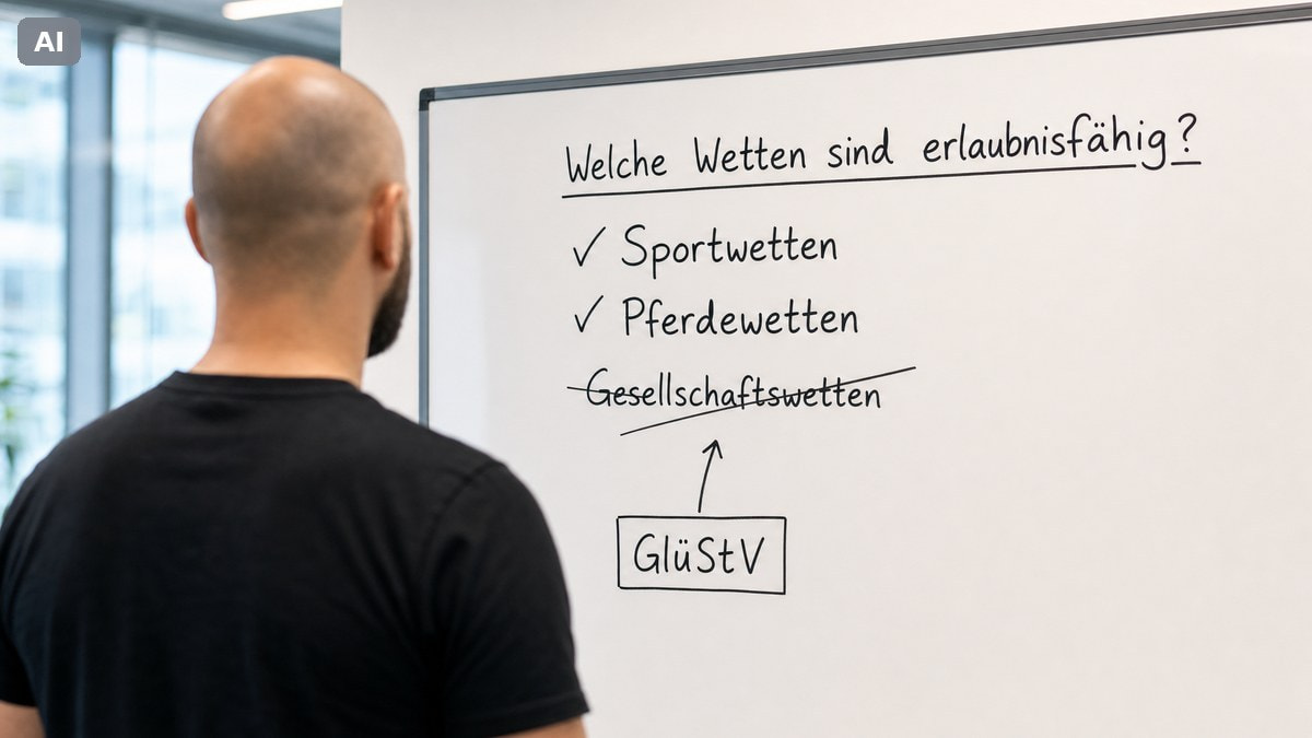 Whiteboard-Skizze zur Erlaubnisfähigkeit von Wetten in Deutschland: Sportwetten und Pferdewetten mit Häkchen als erlaubnisfähig, Gesellschaftswetten durchgestrichen, darunter ein Pfeil auf einen Kasten mit der Aufschrift GlüStV. KI-generiertes Symbolbild.