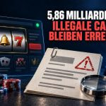 Online-Casino auf einem Bildschirm neben Ermittlungsakte, Lupe und Blaulicht.