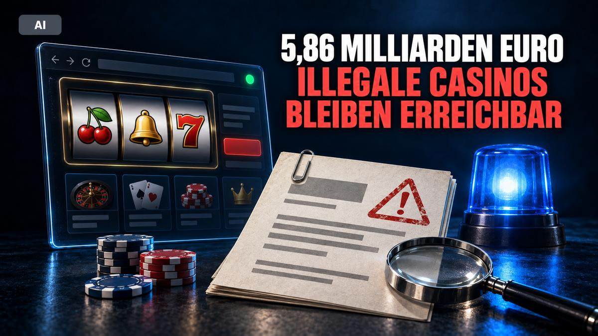 Online-Casino auf einem Bildschirm neben Ermittlungsakte, Lupe und Blaulicht.