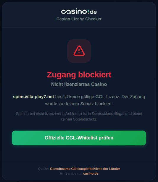 Blockseite der Erweiterung: Zugang blockiert, nicht lizenziertes Casino, mit Link auf die offizielle GGL-Whitelist