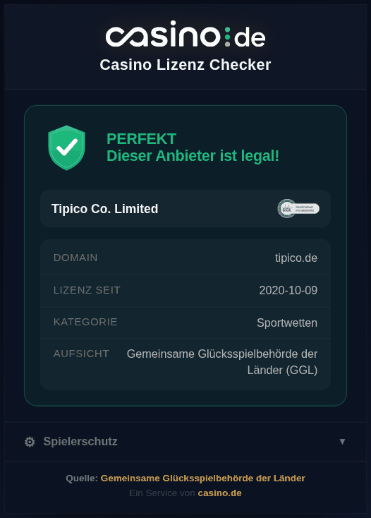 Popup des Casino Lizenz Checkers mit grünem Siegel für tipico.de: Betreiber Tipico Co. Limited, Lizenz seit 2020-10-09, Kategorie Sportwetten, Aufsicht Gemeinsame Glücksspielbehörde der Länder
