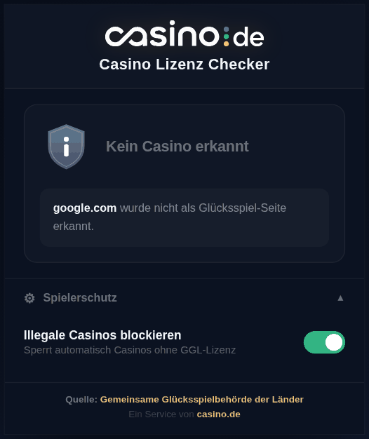 Popup mit dem Ergebnis Kein Casino erkannt für google.com und dem geöffneten Bereich Spielerschutz mit dem eingeschalteten Schalter Illegale Casinos blockieren