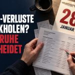 Hände prüfen Kontoauszüge neben einem Kalenderblatt für den 28. Januar und einem Smartphone mit Online-Casino.