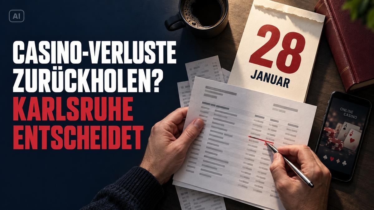 Hände prüfen Kontoauszüge neben einem Kalenderblatt für den 28. Januar und einem Smartphone mit Online-Casino.