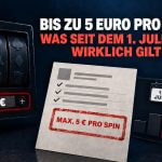 Illustration zum Einsatzlimit von bis zu 5 Euro pro Spin seit dem 1. Juli 2026 mit Spielautomaten, Kalender und Hinweis „Max. 5 € pro Spin“