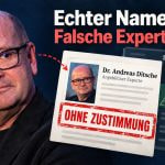 KI-Symbolbild: Dr. Andreas Ditsche neben einer fiktiven Wettseiten-Profilkarte mit dem Hinweis „Ohne Zustimmung“; AI-Kennzeichnung oben links.