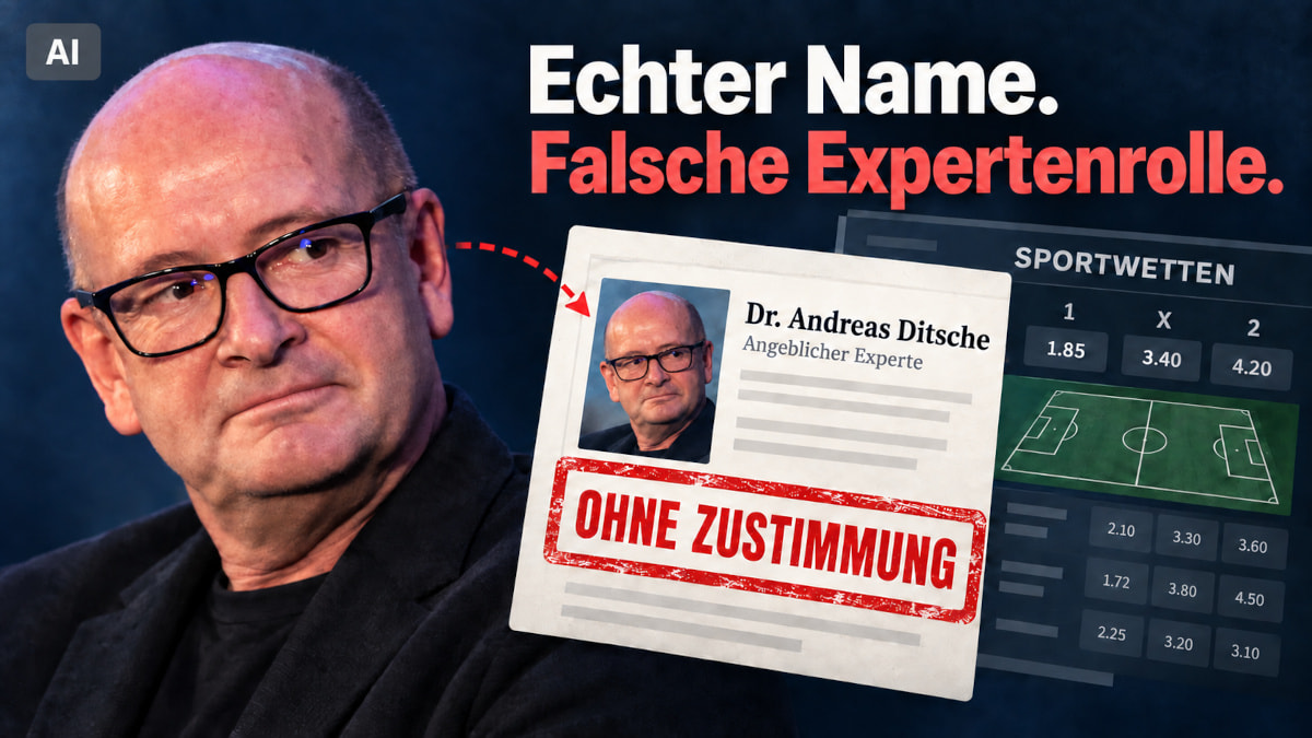 KI-Symbolbild: Dr. Andreas Ditsche neben einer fiktiven Wettseiten-Profilkarte mit dem Hinweis „Ohne Zustimmung“; AI-Kennzeichnung oben links.