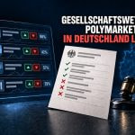 Illustration zu Polymarket und der rechtlichen Einordnung von Gesellschaftswetten in Deutschland mit Prognosemarkt-Anzeigen, deutschem Dokument, Deutschlandkarte und Richterhammer