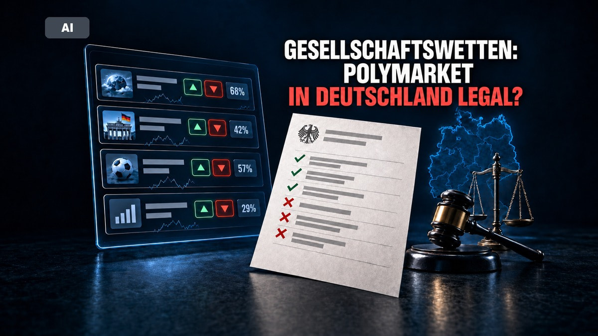 Illustration zu Polymarket und der rechtlichen Einordnung von Gesellschaftswetten in Deutschland mit Prognosemarkt-Anzeigen, deutschem Dokument, Deutschlandkarte und Richterhammer