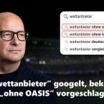 Andreas Ditsche, CEO der iGaming.com Group, vor einem Stadion neben einer Google-Vorschlagsliste mit „wettanbieter ohne oasis“ und „wettanbieter ohne lugas“ (KI-generierte Illustration)