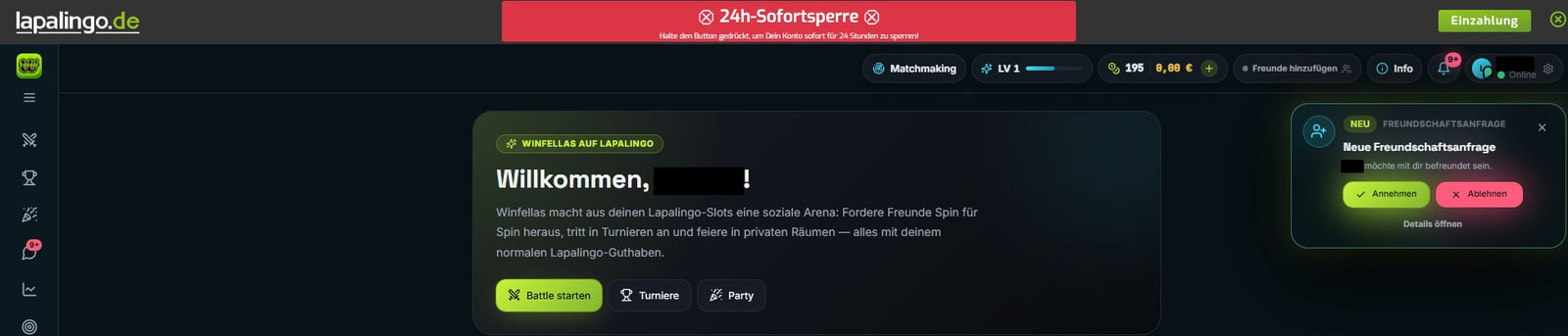 Kopfbereich von Winfellas auf lapalingo.de: oben mittig die rote Leiste „24h-Sofortsperre“ mit dem Hinweis, den Button gedrückt zu halten, um das Konto sofort für 24 Stunden zu sperren. Benutzernamen geschwärzt.