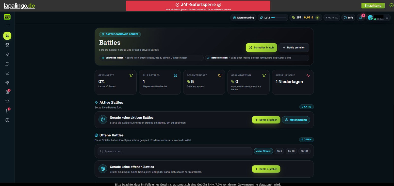 Winfellas-Seite Battles mit den Buttons Schnelles Match und Battle erstellen. Statistik: Gewinnrate 0 %, 1 Battle, Gesamteinsatz 5, Gesamtgewinn 0 Treuepunkte, aktuelle Serie 1 Niederlage. Keine aktiven und keine offenen Battles.