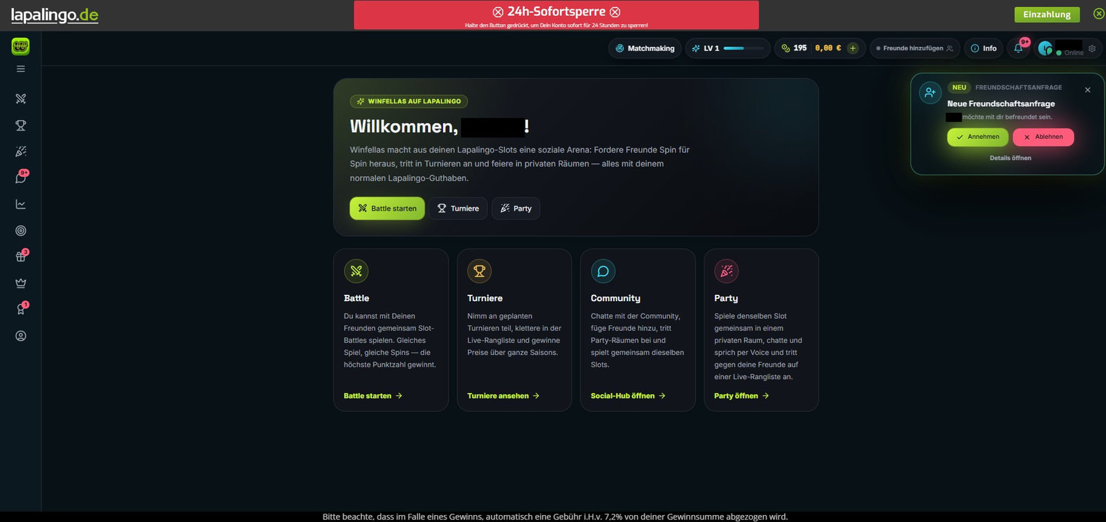 Winfellas-Startseite auf lapalingo.de: Begrüßung mit geschwärztem Benutzernamen und den Buttons Battle starten, Turniere und Party, darunter vier Kacheln für Battle, Turniere, Community und Party. Rechts eine Freundschaftsanfrage mit geschwärztem Namen, oben die rote Leiste der 24h-Sofortsperre.