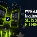 Zwei Smartphones mit demselben Slot stehen sich gegenüber, dazwischen ein grün leuchtendes VS; Lapalingo-Logo mit Schriftzug: Winfellas bei Lapalingo, Slots spielen mit Freunden (KI-generierte Illustration)