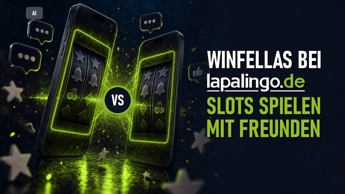 Zwei Smartphones mit demselben Slot stehen sich gegenüber, dazwischen ein grün leuchtendes VS; Lapalingo-Logo mit Schriftzug: Winfellas bei Lapalingo, Slots spielen mit Freunden (KI-generierte Illustration)